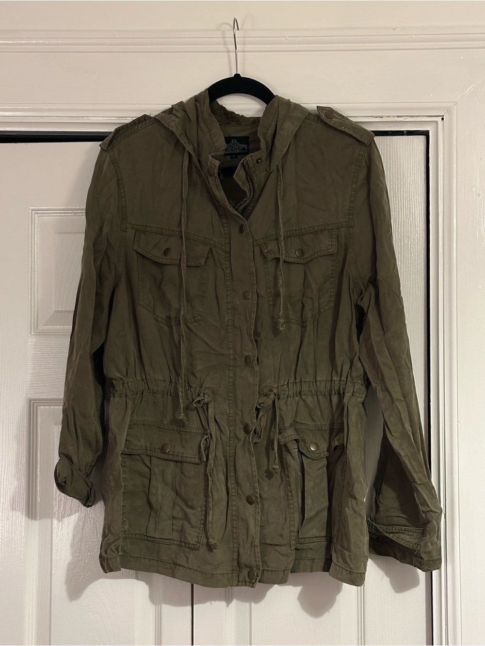 Angie Olive Green Utility Jacket with Hood and Drawstring Waist